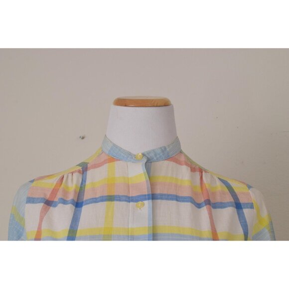 Vintage 80s Plaid Long-Sleeves Cotton Pastel Button-up‎ Blouse - Picture 5 of 10